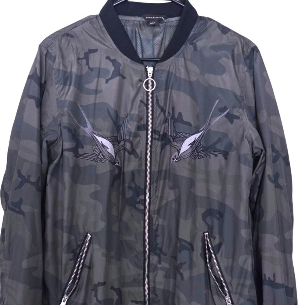 Rock & Republic Womens Camo Bomber‎ Jacket Bird Embroidery Green Gray Large